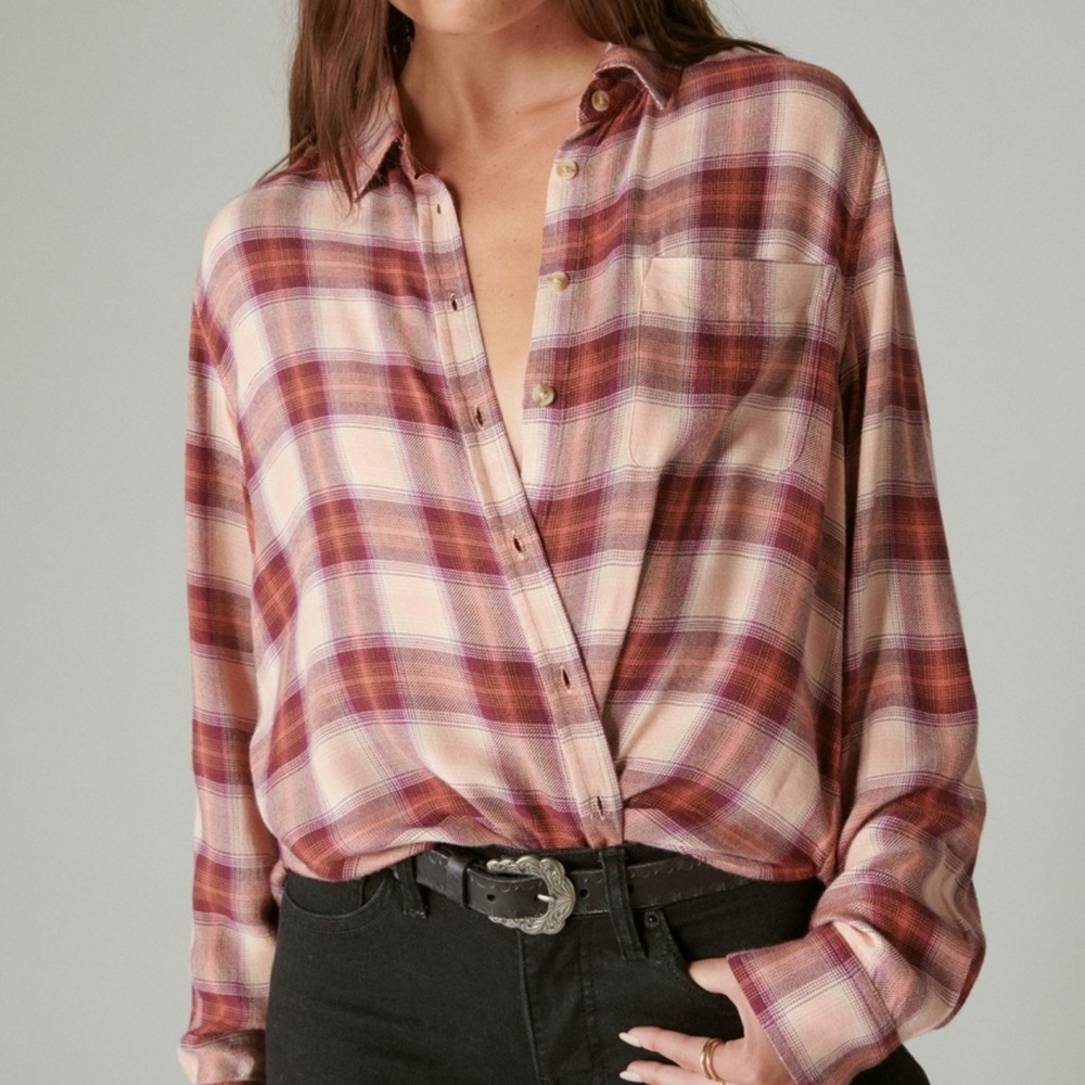 Lucky Brand Cloud Plaid Boyfriend Flannel Shirt